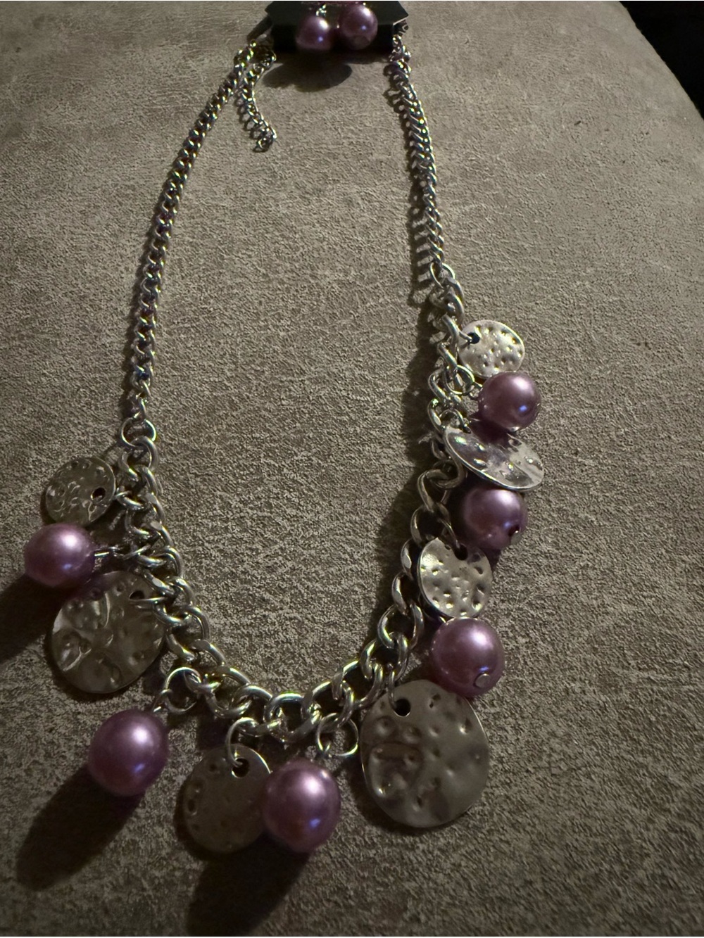 Silver Chain Necklace with Lavender Pearl Charms -